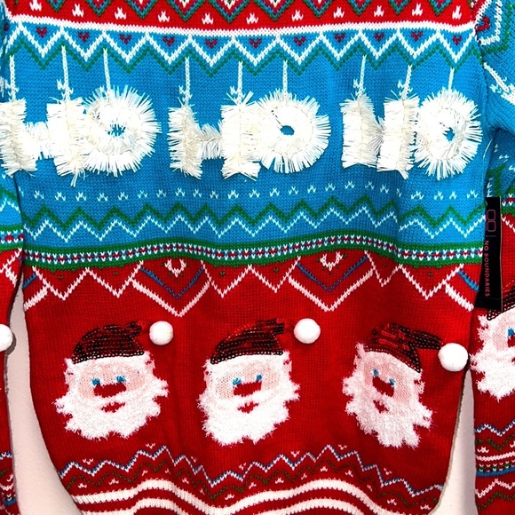 Holiday Tassel HO HO HO Ugly Christmas Party Pretty Santa Sweater - Picture 3 of 7
